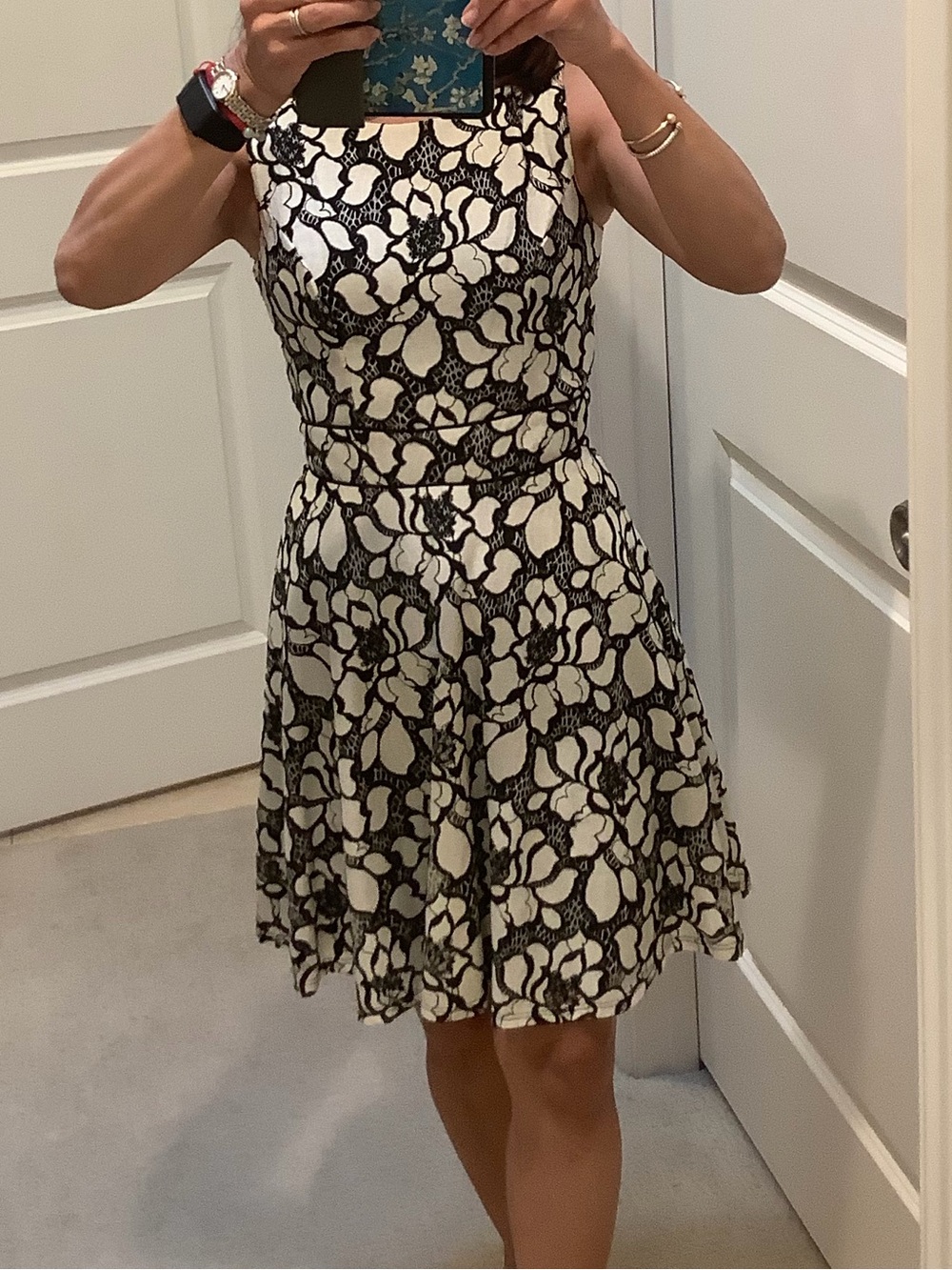 Aqua Black & Cream Floral Lace Fit-and-Flare Dress